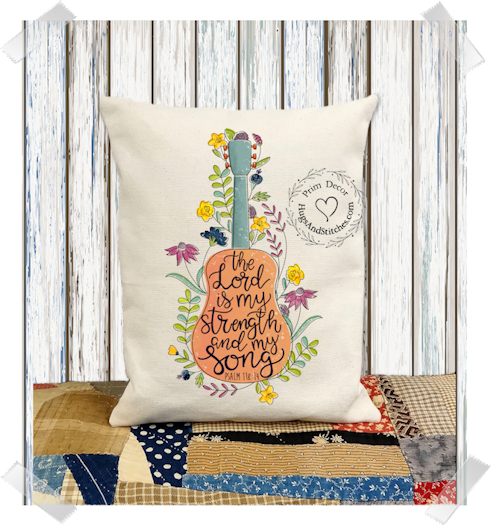 The Lord Is My Strength & My Song Bible Verse Guitar Fabric Pillow #1152