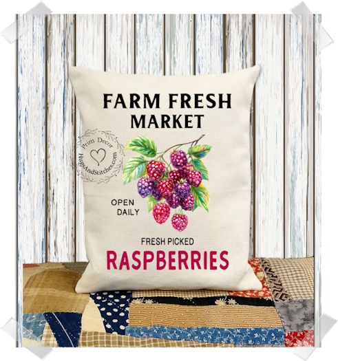 Farm Fresh Market Raspberries Fabric Pillow #1183