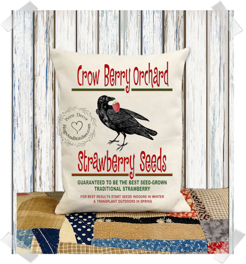 Crow Strawberry Seeds Fabric Pillow #1241