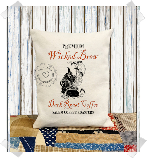 Wicked Brew Witches Coffee Halloween Fabric Pillow #1243