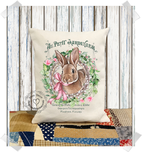 French Bunny Rabbit Wreath Fabric Pillow #1270