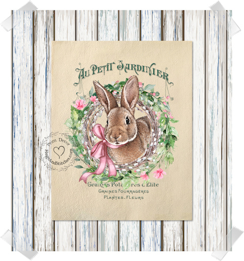 French Bunny Rabbit Wreath Fabric Pillow #1270
