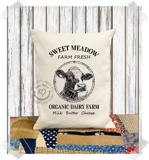 Sweet Meadow Dairy Cow Milk Butter Cheese Fabric Pillow #1280