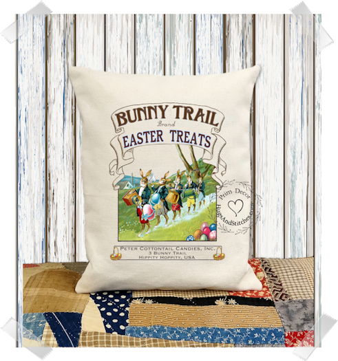 Bunny Trail Rabbit Easter Treats Fabric Pillow #1289