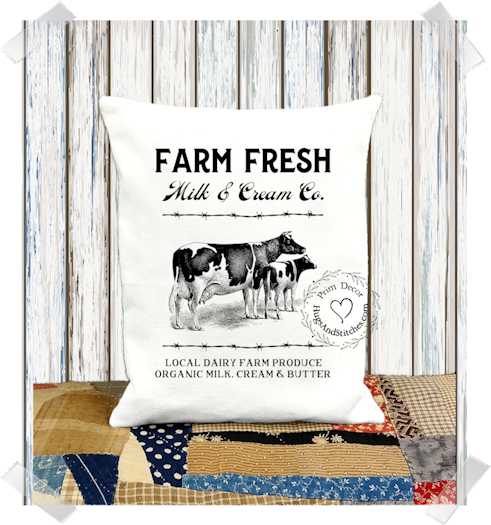 Farm Fresh Milk & Cream Dairy Cow Fabric Pillow #1291
